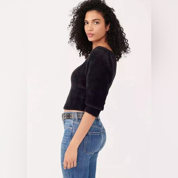 Free People Grunge Boho Moonbeam 3/4 Puff Sleeve Pullover Cropped Sweater Black - Picture 9 of 16